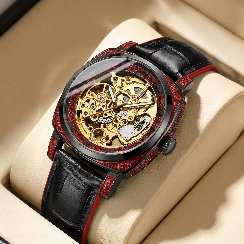1pcs Men's red dial silicone strap vintage fashion skeleton gear luxury details Mechanical Watch for business party holiday