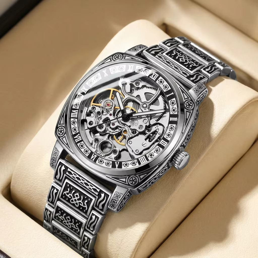 1pcs Men's silver dial alloy strap vintage fashion skeleton gear luxury details Mechanical Watch for business party holiday