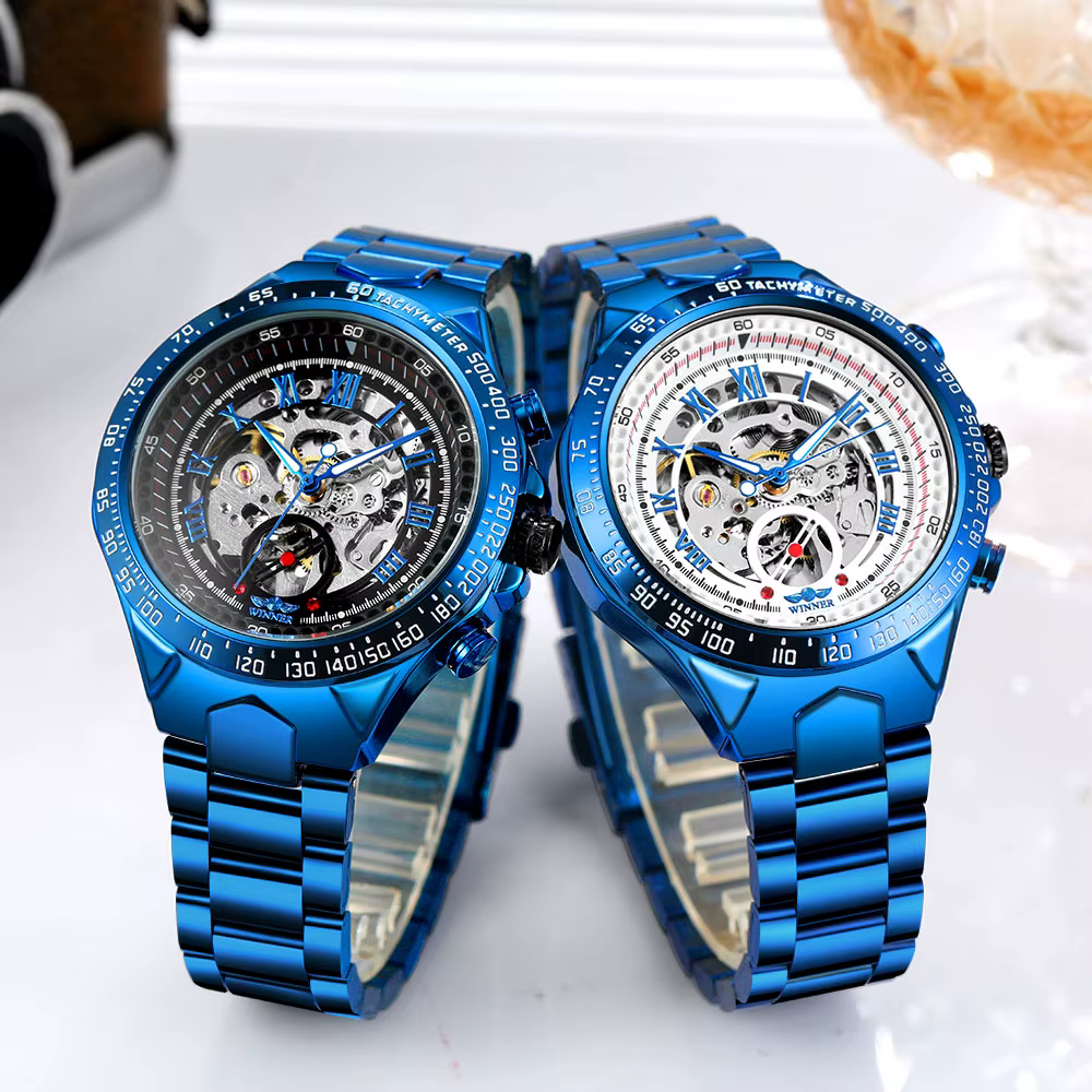 2026 Blue Dial Stainless Steel Skeleton Mechanical Automatic Watch Military Waterproof Male Wrist Watches High End Luxury Clock
