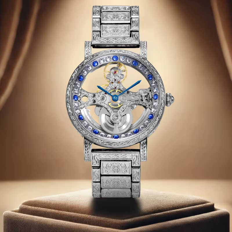 A Men's Silver-Toned Steel Strap with a Statement Fashion Cross Skeletonized Automatic Mechanical Watch
