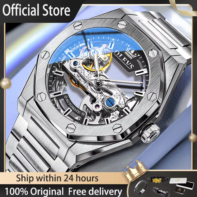 OLEVS Luxury Sport Octagon Skeleton Automatic Mechanical Watch Men Stainless Steel Waterproof Luminous Business Wrist Watch 6742
