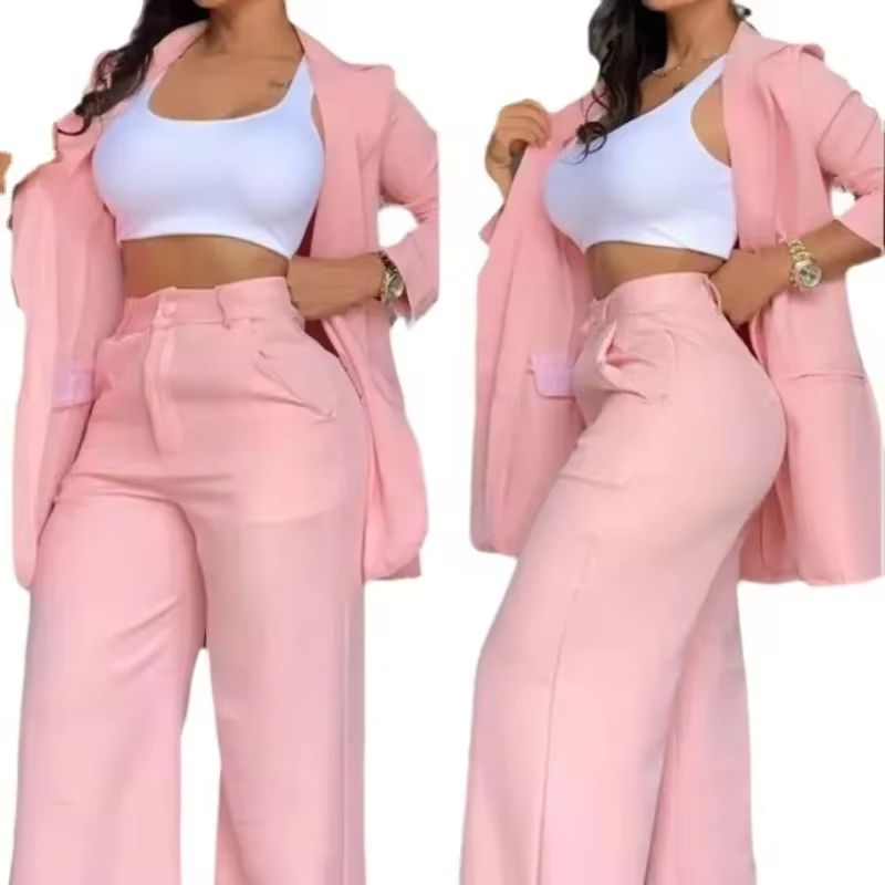 Woman Elegant Blazer Sets New Autumn Solid Color Women’s Notched Collar Coat & Pocket Straight Pants Suit Fashion Two Piece Suit