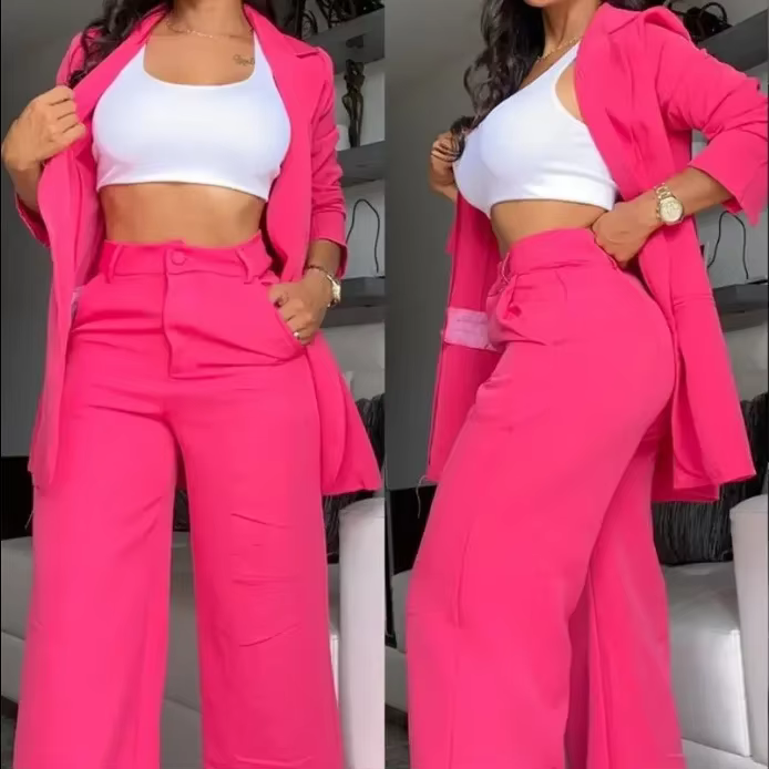 Woman Elegant Blazer Sets New Autumn Solid Color Women's Notched Collar Coat & Pocket Straight Pants Suit Fashion Two Piece Suit