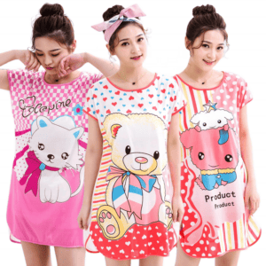 Women’s Summer Sleepwear Pajama Dress – Short Sleeve Cartoon Nightdress Made of Soft, Breathable Milk Fiber