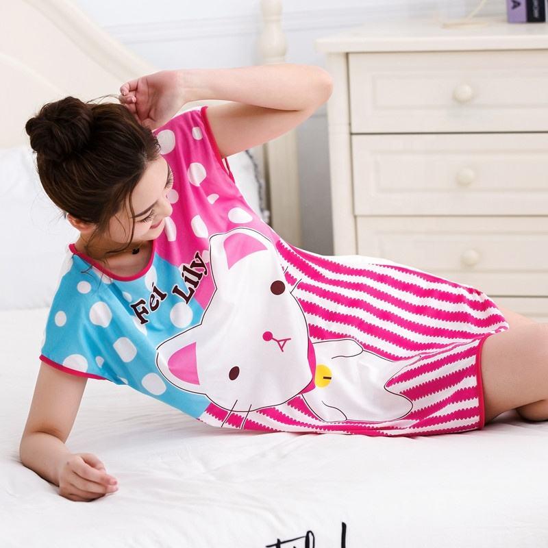 Women’s Summer Sleepwear Pajama Dress – Short Sleeve Cartoon Nightdress Made of Soft, Breathable Milk Fiber