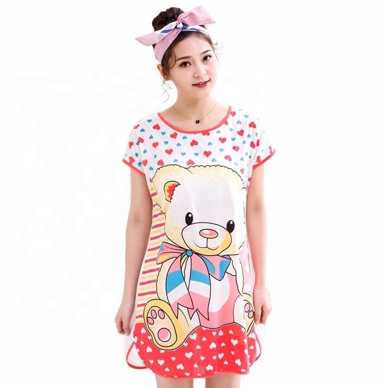 Women’s Summer Sleepwear Pajama Dress – Short Sleeve Cartoon Nightdress Made of Soft, Breathable Milk Fiber